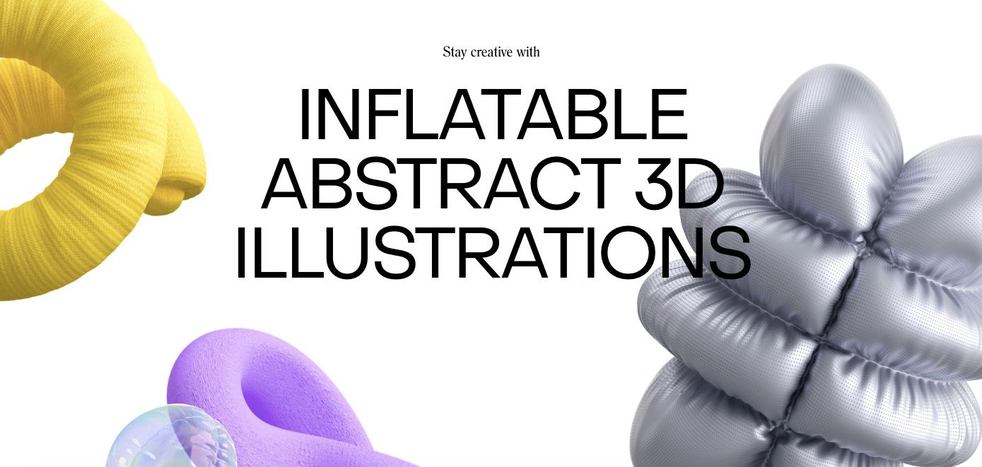 Первый экран лендинга, рекламирующего набор надувных абстрактных 3D-иллюстраций