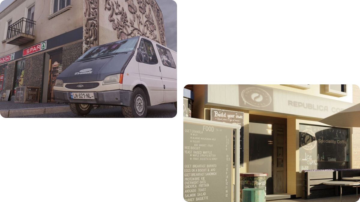 Машина на фоне магазина и кафе как примеры работы 3D-дизайнера