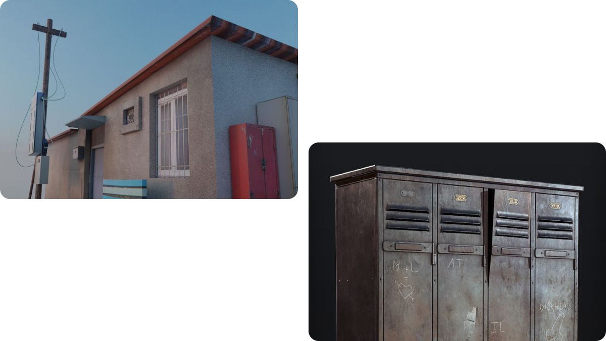 Здание и железные шкафчики как примеры работы 3D-дизайнера
