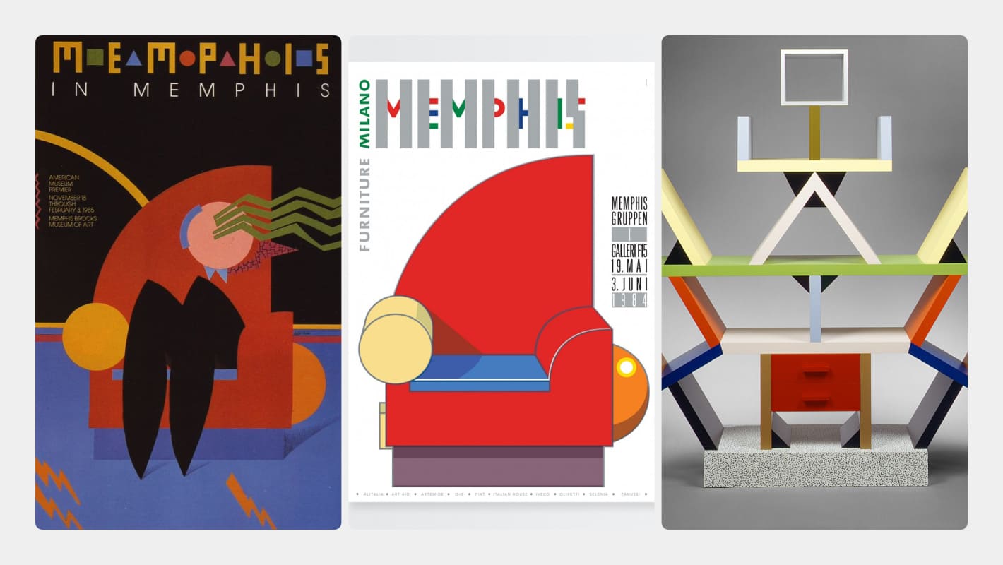 Плакат «Мемфис», плакат от Art Aid и Carlton стеллаж от Этторе Соттсасса как примеры стиля мемфис