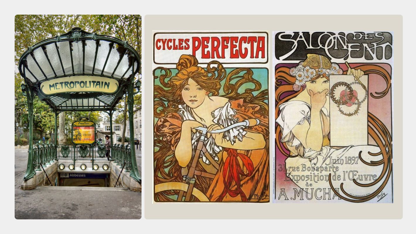Метро Эктора Гимара в Париже, реклама велосепедов торговой марки Perfecta и выставка работ Альфонса Мухи в «Салоне ста» как примеры стиля модерн