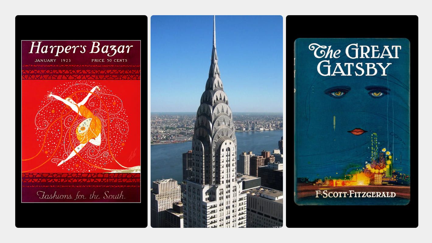 Обложка «Эрте» для Harper's Bazar, Chrysler Building в Нью-Йорке и обложка The Great Gatsby как примеры стиля ар-деко