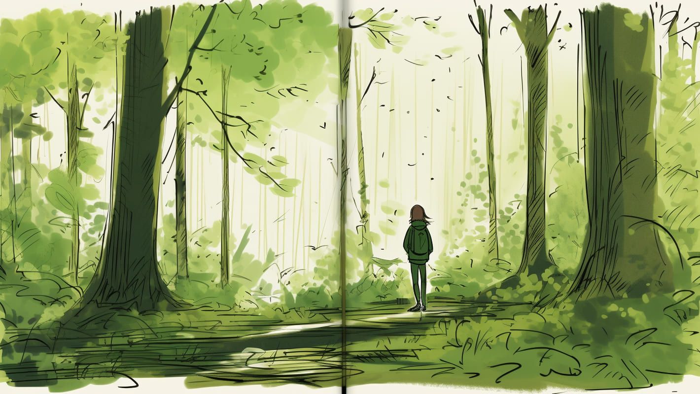 Скетч-иллюстрация человека в лесу