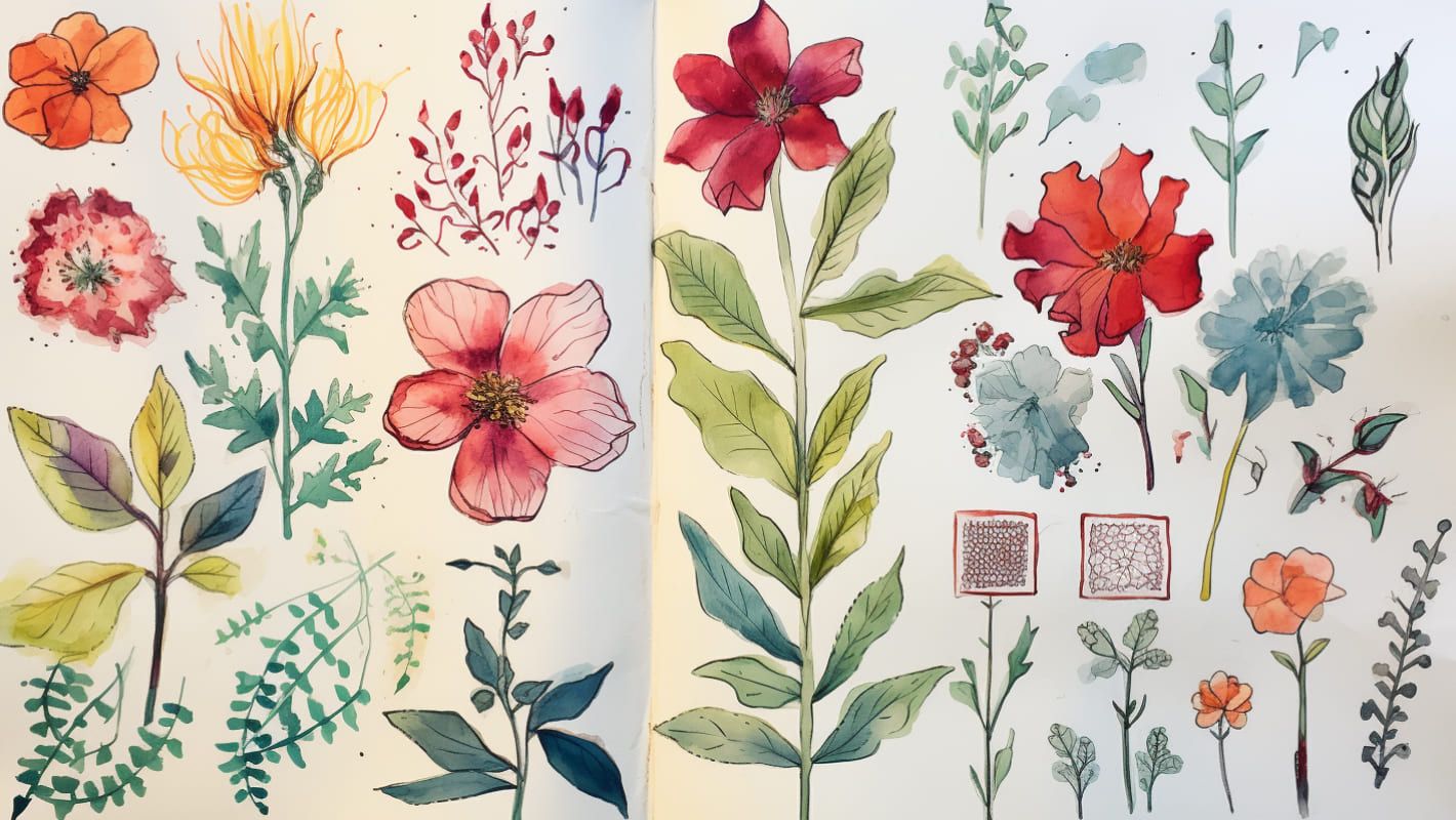 Скетчи цветов, нарисованные акварелью