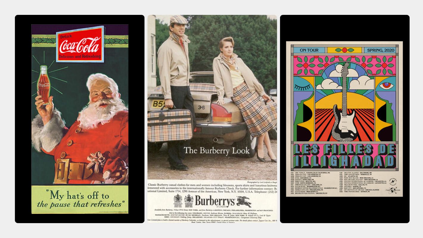 Ретро-реклама Coca-Cola, реклама Burberry и ретро-плакат как примеры ретро-стиля