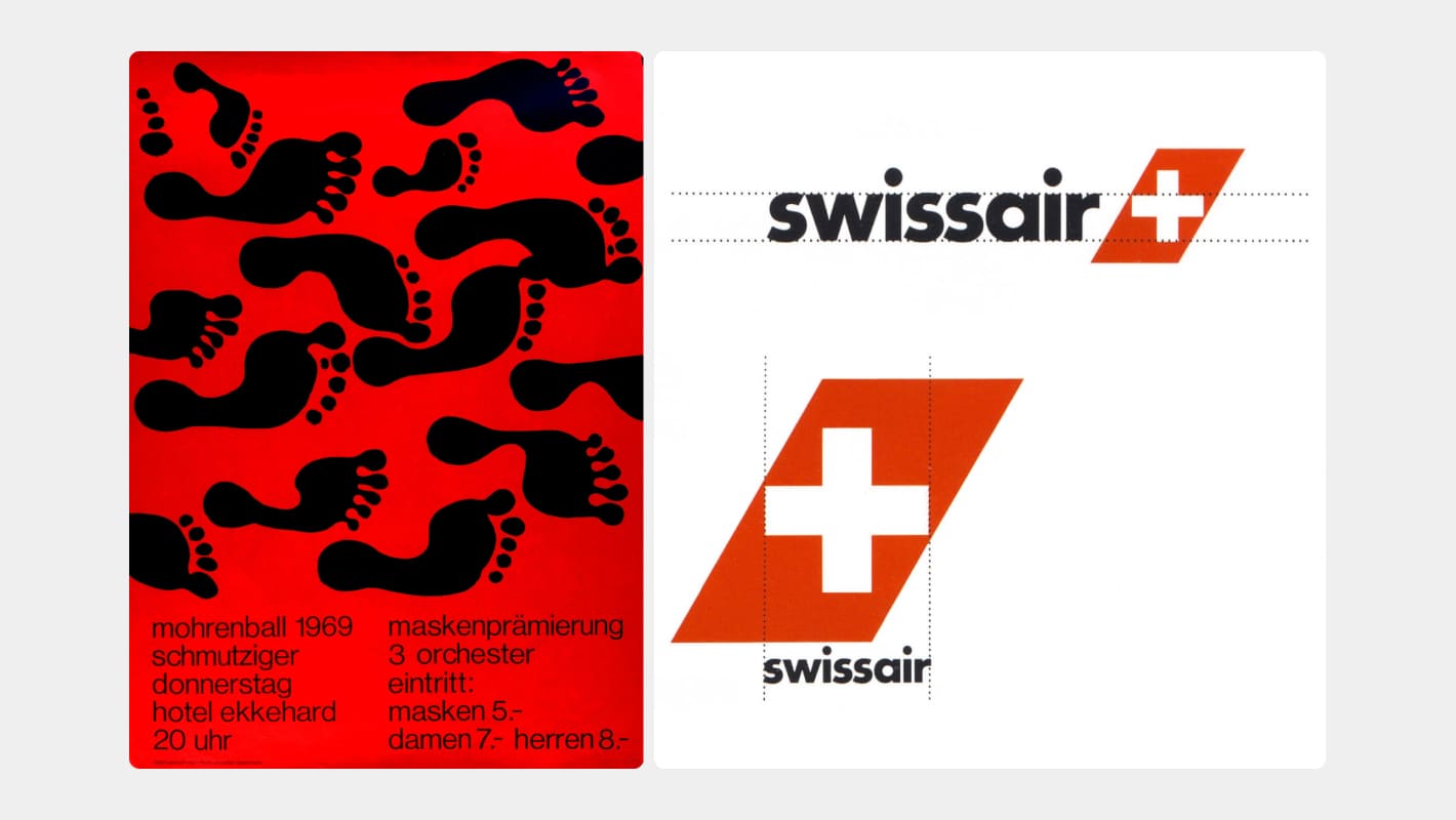 Плакат Mohrenball и логотип Swiss Air как примеры швейцарского стиля